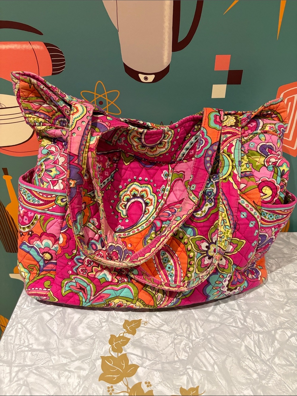 Vera Bradley Hot Pink Paisley Quilted Tote with Orange & Green Accents